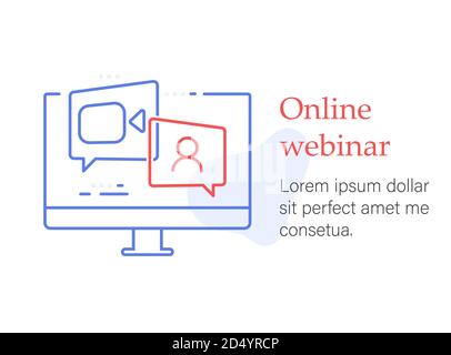 Webinar online course, distant education, video lecture, internet group conference, training test, work from home, vector line icon Stock Vector