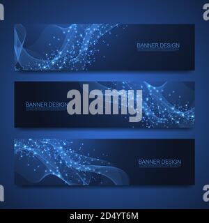 Molecules banners set with lines and dots. Science template wallpaper or banner with a DNA molecules. Asbtract scientific molecule background. Wave Stock Vector