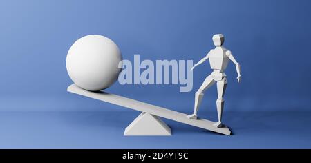 Instability, unbalanced scale, inequality concept with libra, character model sphere, ball or globe, 3d rendering illustration, blue background Stock Photo