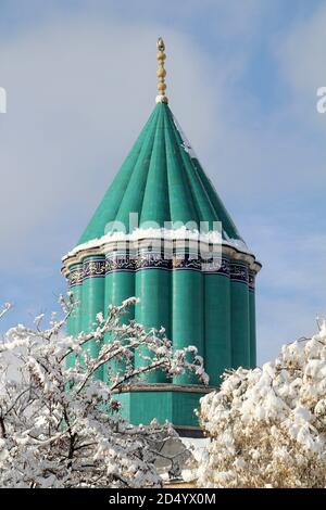 Konya Mevlana Museum, Religious building, Green minaret and museum inside. Mevlana Celaleddin-i Rumi is a sufi philosopher and mystic poet of Islam. Stock Photo