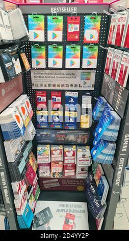 range of prepaid service cards in a supermarket, Germany Stock Photo