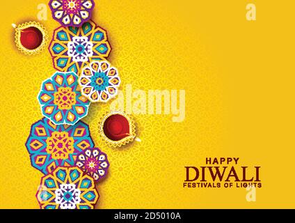 Happy Diwali celebration background. Top view of banner design decorated with illuminated oil lamps on patterned yellow background. vector illustratio Stock Vector