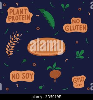 Vector illustration with the set of hand-drawn lettering, plants, and plant-based meatball. Stock Vector