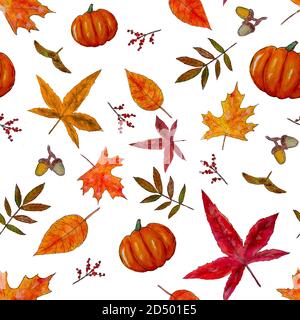 repeating watercolor pattern of autumn leaves on white background Stock Photo