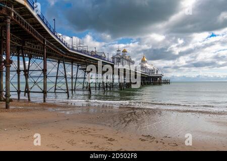 Eastbourne Pier completed in 1872 is 300 metres long. Built on stilts that rest on cups on the sea bed. Allowing the pier to move in bad weather. Stock Photo