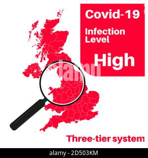 Covid-19 UK infection Level High with map and magnifying glass. Stock Vector