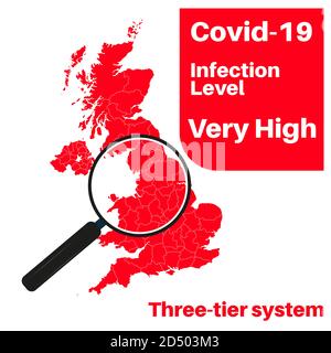 Covid-19 UK infection Level Very High with map and magnifying glass. Stock Vector