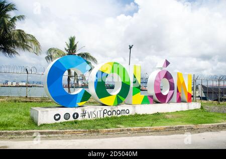 A colorful Sign welcomes people to the Cruise Ships Port and Free Zone in Colon, on the Caribbean Side of Panama. Stock Photo