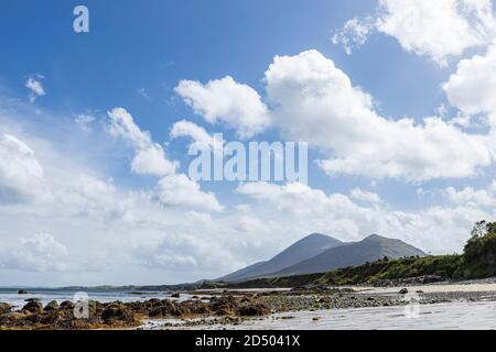 Old Head beach on the west coast looking towards the mountain of Croagh Patrick at Louisburgh, County Mayo, Ireland Stock Photo