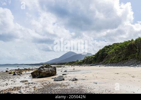 Old Head beach on the west coast looking towards the mountain of Croagh Patrick at Louisburgh, County Mayo, Ireland Stock Photo