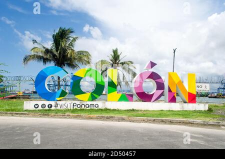A colorful Sign welcomes people to the Cruise Ships Port and Free Zone in Colon, on the Caribbean Side of Panama. Stock Photo