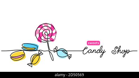 Candy shop simple vector web banner, border, background, poster. Single line art colorful illustration with text Candy shop Stock Vector
