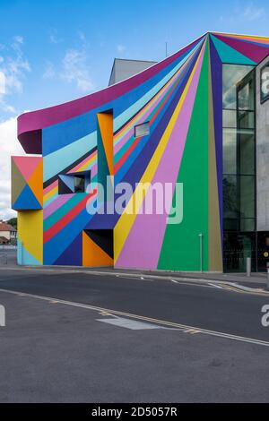 Towner Art Gallery in Eastbourne. The building is covered in a colourful geometric artwork, called Dance Diagonal by German artist Lothar Götz. Stock Photo