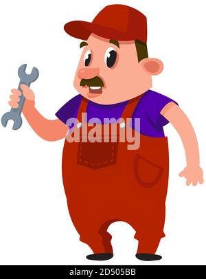 Auto mechanic holding wrench. Male character in cartoon style. Stock Vector