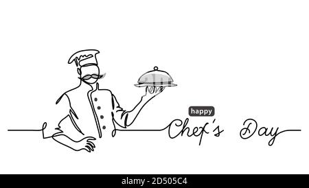 Chefs Day holiday minimalist vector web banner, border, background, poster. Border banner illustration with lettering Chefs Day. One continuous line Stock Vector