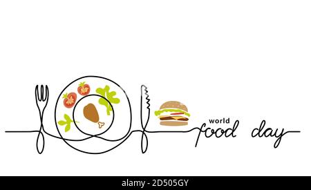 World food day simple line border, web banner, simple vector background. One continuous line drawing with lettering Food Day Stock Vector