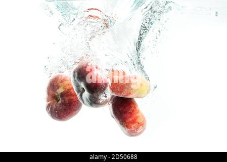 Bunch of doughnut peaches isolated on white, splashing into water. Stock Photo