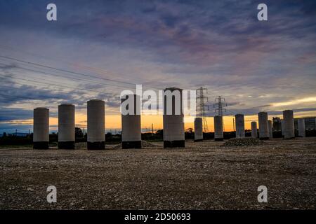 Bridge support pillars at the construction site for the ne Western Distributor Road which will join part of Preston to the M55 Motorway. Stock Photo
