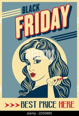 Black friday banner with pin-up girl. Retro style. Vector Stock Vector