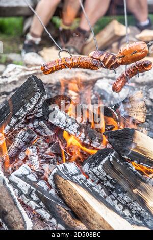 Friends roast sausages over an open fire outdoors Stock Photo