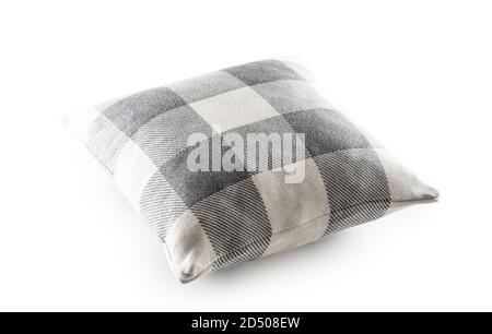 Grey and white checkered textile pillow on an isolated white background Stock Photo