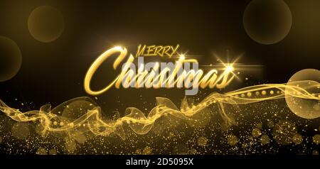 Merry Christmas. Golden tail with gold particles and smoke. Bright glittering star dust. Christmas postcard Stock Photo