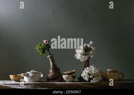 Variety of craft handmade ceramic teapots and cups for tea ceremony standing with spring blossom branches in vase on old wooden shelf in dark room. Stock Photo