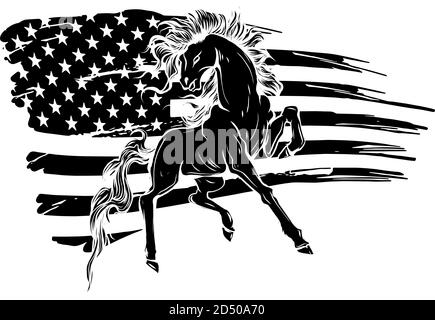 Grunge flag background, wild horse, vector illustration black silhouette Stock Vector