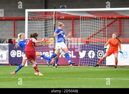 Crawley, UK. 11th Oct, 2020. Danielle Van de Donk of Arsenal shoots and scores her teams 2nd goal during the FA Women's Super League match between Brighton & Hove Albion Women and Arsenal LFC at The People's Pension Stadium on October 11th 2020 in Crawley, United Kingdom. (Photo by Jeff Mood/phcimages.com) Credit: PHC Images/Alamy Live News Stock Photo