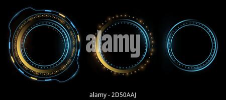 Futuristic HUD interface. Large system computer data set. Glowing UI display. Cyber style circles. High tech panel for your technological design. Vect Stock Vector