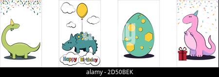 Children's cards on which painted cute dinosaurs of different types and a dinosaur egg, characters for cartoons Stock Vector