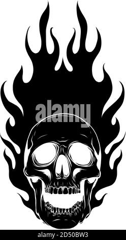 black silhouette Skull Vector Image Template with Flames Stock Vector