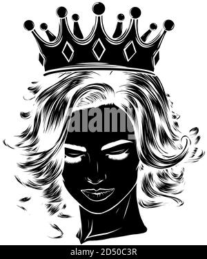black silhouette Female skull with a crown and long hair. Queen of death drawn in tattoo style. Vector. Stock Vector