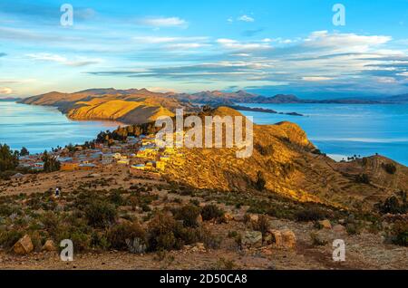 Sunset on Isla del Sol with a view over the Titicaca lake, Bolivia. Stock Photo