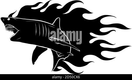 black silhouette aggressive shark jump attack illustration. white background Stock Vector