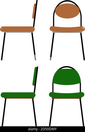 Set of vector chairs for office work side and front view with brown and green colors. Cartoon props flat illustration isolated on white background Stock Vector