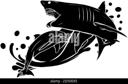 black silhouette dolphin who is jumping out of sea water on white background, isolated. Vector illustration. Stock Vector