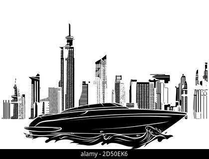 black silhouette speed luxury boat on city background vector illustration Stock Vector