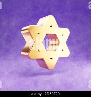 Star of David icon. Gold glossy Star of David symbol isolated on violet velvet background. Modern icon for website, social media, presentation, design template element. 3D render. Stock Photo