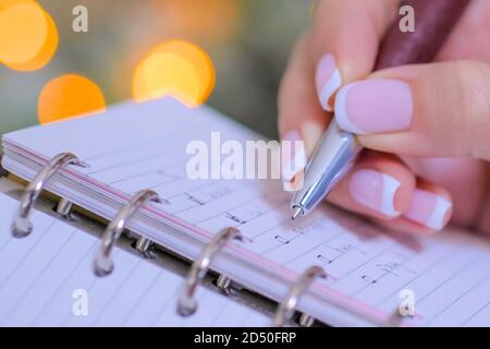 Woman hand putting mark on check boxes of to do list in personal notebook organizer. Garland light bokeh background. Christmas, motivation, management Stock Photo