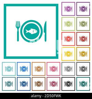 Fish for lunch flat color icons with quadrant frames on white background Stock Vector