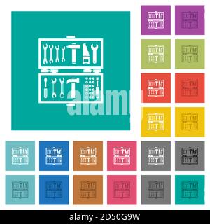 Open toolbox multi colored flat icons on plain square backgrounds. Included white and darker icon variations for hover or active effects. Stock Vector