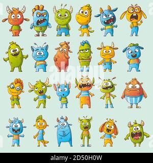 Big cartoon monster sticker set. Hand drawn vector illustration with separate layers. Stock Vector