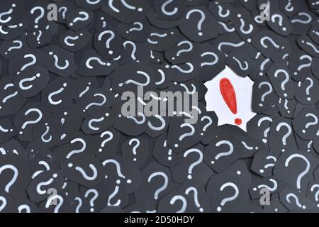 Exclamation mark on a question mark background. Concept of decision, faq, q&a and riddle Stock Photo