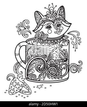 Kawaii cute fox in a cup coloring Stock Vector