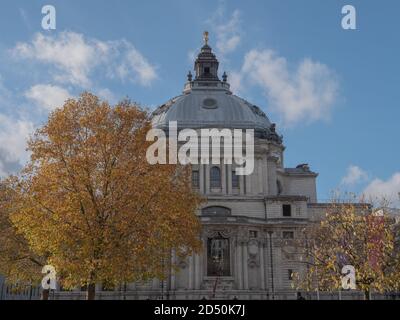 Methodist Central Church seen with trees in autumn color on a sunny day in the City of Westminster, London. Stock Photo