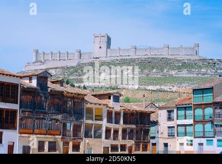 Coso Square and castle. Peñafiel, Valladolid province, Castilla Leon, Spain. Stock Photo