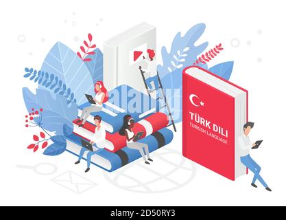 People learning Turkish language vector isometric 3d illustration. Turkey distance education, online learning courses concept. Students reading books cartoon characters. Teaching foreign languages Stock Vector
