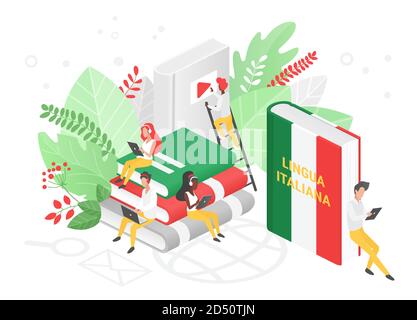 Online Italian language courses isometric 3d illustration. Distance education, remote school, Italy university. Language Internet class, students reading books. Teaching foreign languages isolated Stock Vector