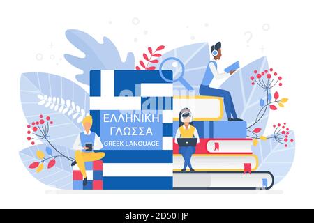 Students learning Greek isometric vector illustration. Pupils reading books 3d cartoon characters. Using hi-tech gadgets for teaching foreign languages. Distance education, online learning concept Stock Vector